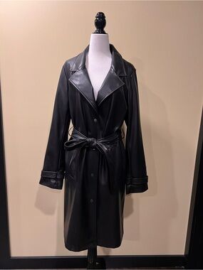 Unreal Fur Black Faux Leather Belted Trench Coat
